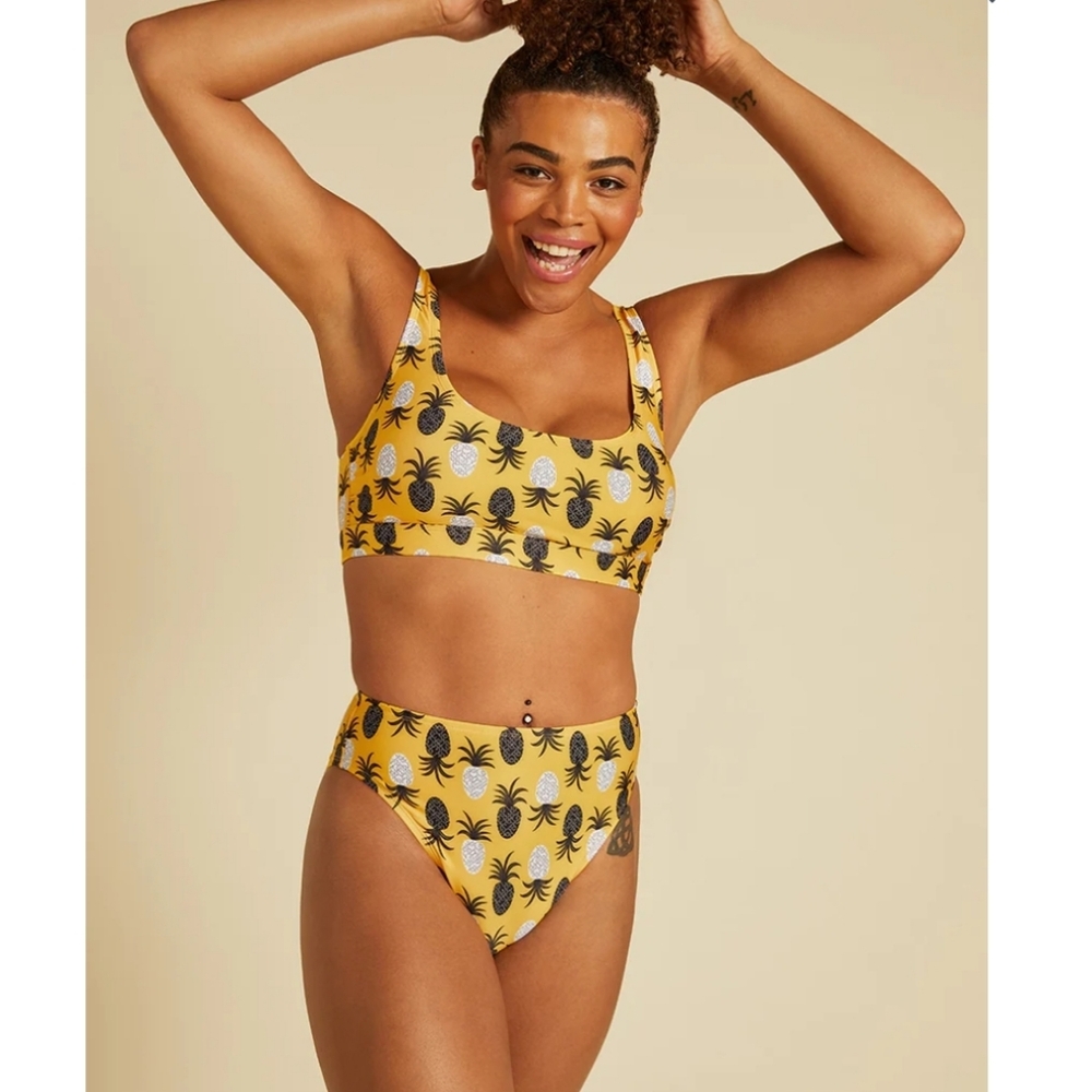 Modcloth Bikini Set Womens L Yellow Pineapples Crop Top High-Waisted